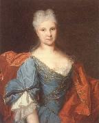 unknow artist Portrait of a lady,half-length,wearing a blue embroidered dress with a scarlet mantle china oil painting artist